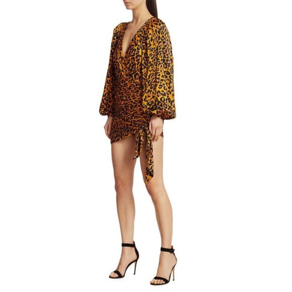 NWT Ronny Kobo leopard animal print statement sleeve faux wrap mini dress, M - Picture 10 of 16